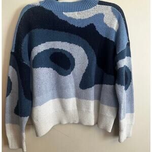Shein Abstract Knit Sweater Blue Oversized Cropped Pullover Cozy Size S